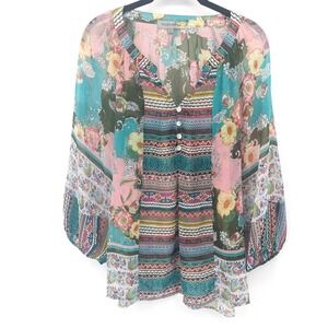 Figueroa & Flower Blouse Women Large Multicolor Mixed Print Floral Patchwork Top